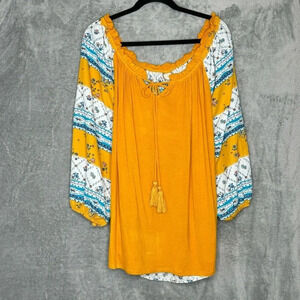 Tru Self 2X Shirt Top Mustard Yellow Floral 3/4 Sleeve Keyhole Scoop Neck Womens